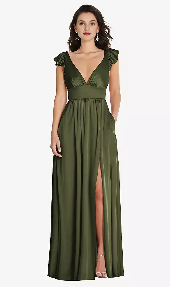 Deep V-neck dual-use shoulder strap with ruffled edge cover sleeve length Prom dress